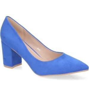 Zapato clásico de tacón ancho azul en ante.