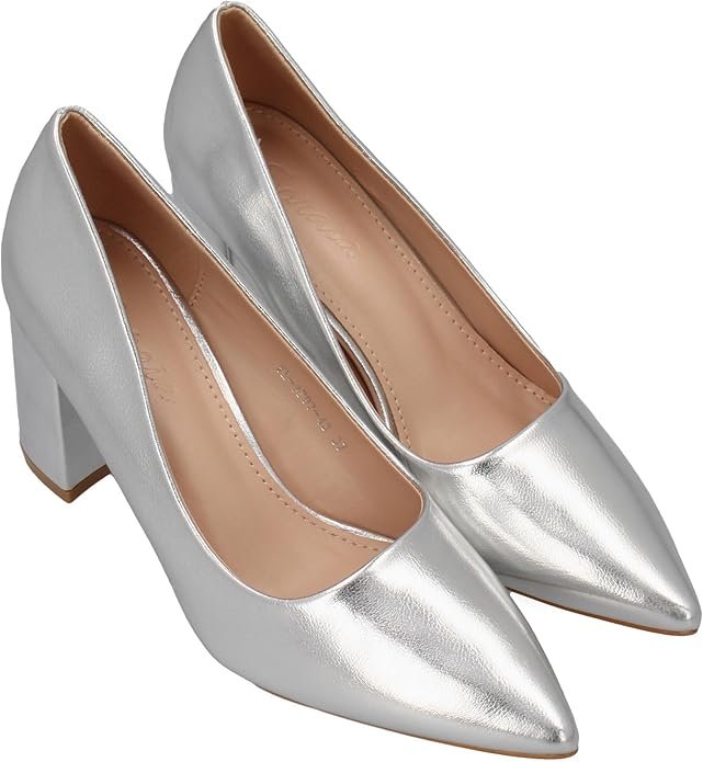 Zapatos clásicos plateados de tacón en bloque de 7 cm.