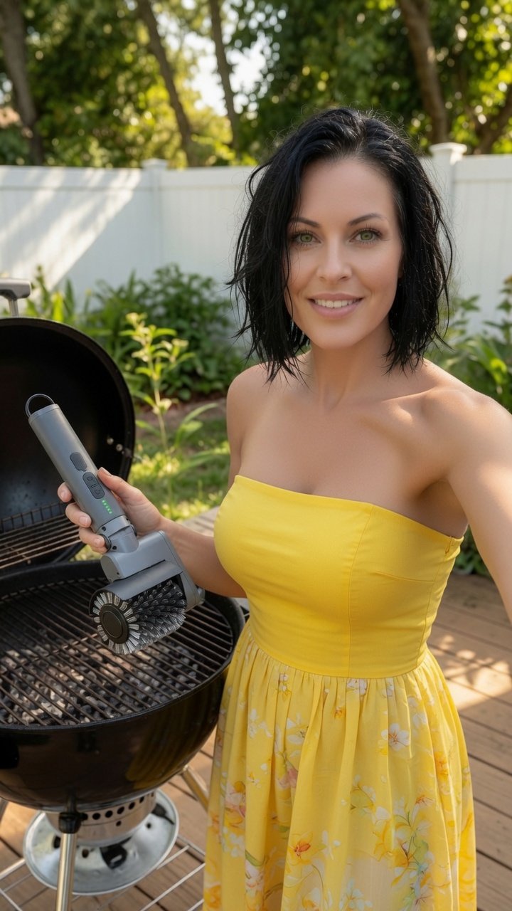 Vivianna limpia la parrilla de la barbacoa.